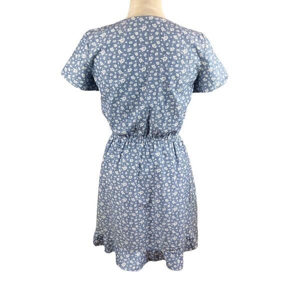 J. Crew Mercantile V-Neck Short Sleeve Denim-Look Dress W/White Flowers, Size XS - Picture 3 of 9